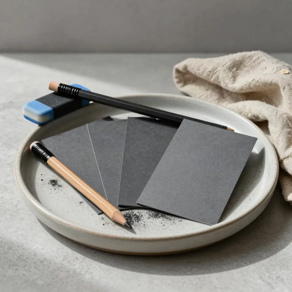 Graphite pencil, eraser, and blank copy cards arranged in a stone tray on concrete