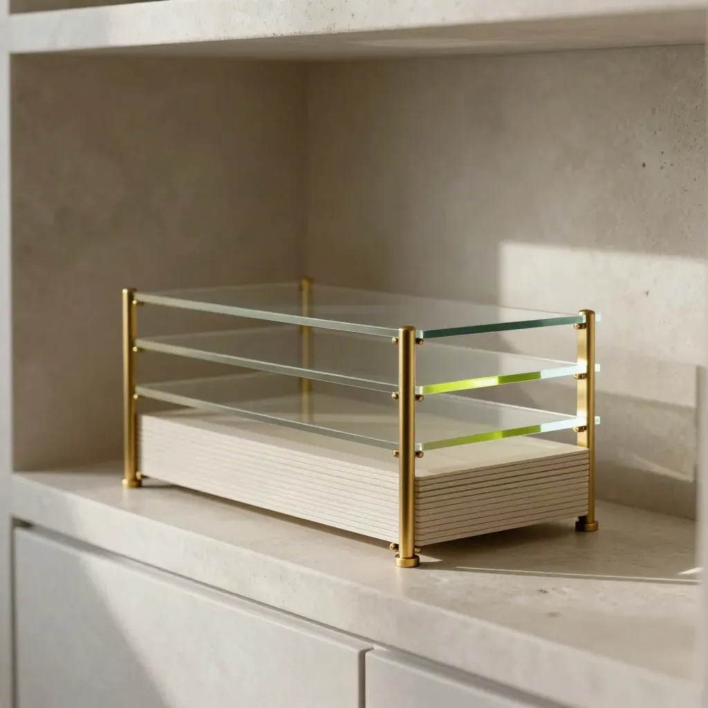 Modular acrylic panes and brass posts on a pale stone plinth in a soft shelving niche.