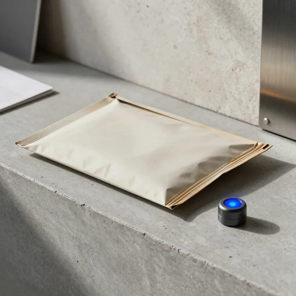 Sealed mailer, asset sleeve, and status-light puck on a concrete ledge