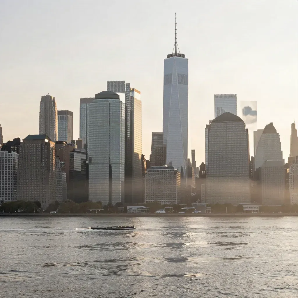 Manhattan skyline glows above a misty Hudson River at sunrise, with calm open water below.