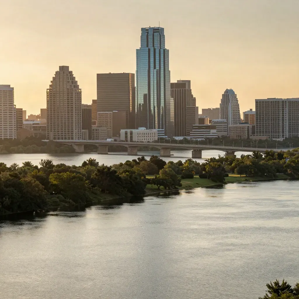 Austin skyline above Lady Bird Lake in warm golden haze at sunset.