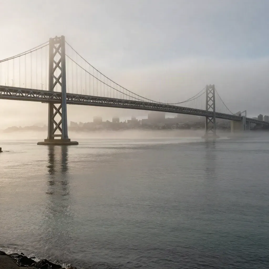 Bay Bridge and downtown San Francisco emerging through fog over calm water