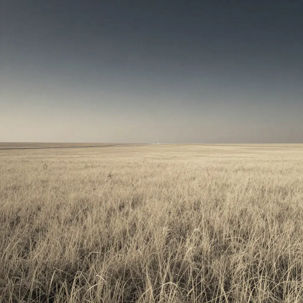 Wide pale prairie with a distant road under a huge dusk sky, open space for headline copy.
