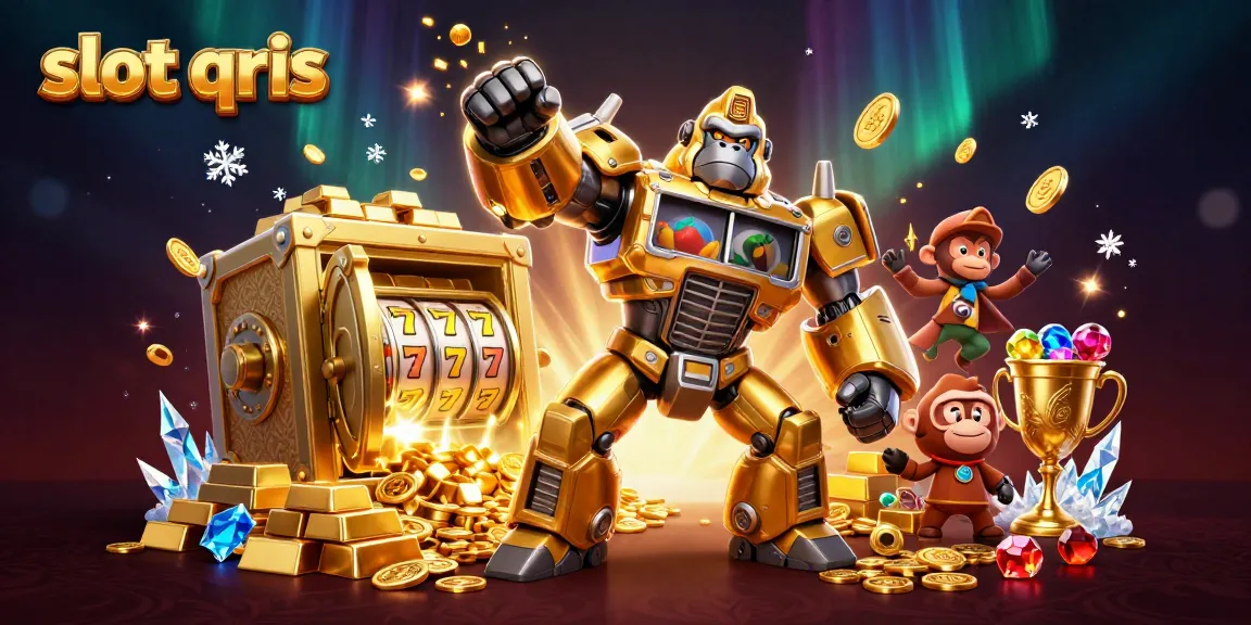 Engage in thrilling gameplay with slot qris showcased by a golden gorilla mech amid a treasure-rich backdrop.
