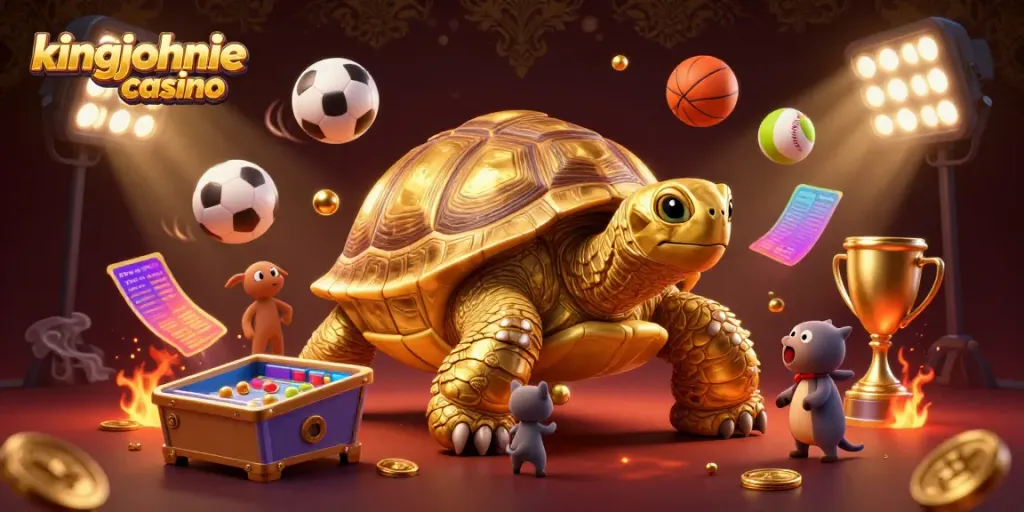 Play exciting games at kingjohnnie casino with a vibrant 3D scene featuring a golden tortoise and engaging sports elements.