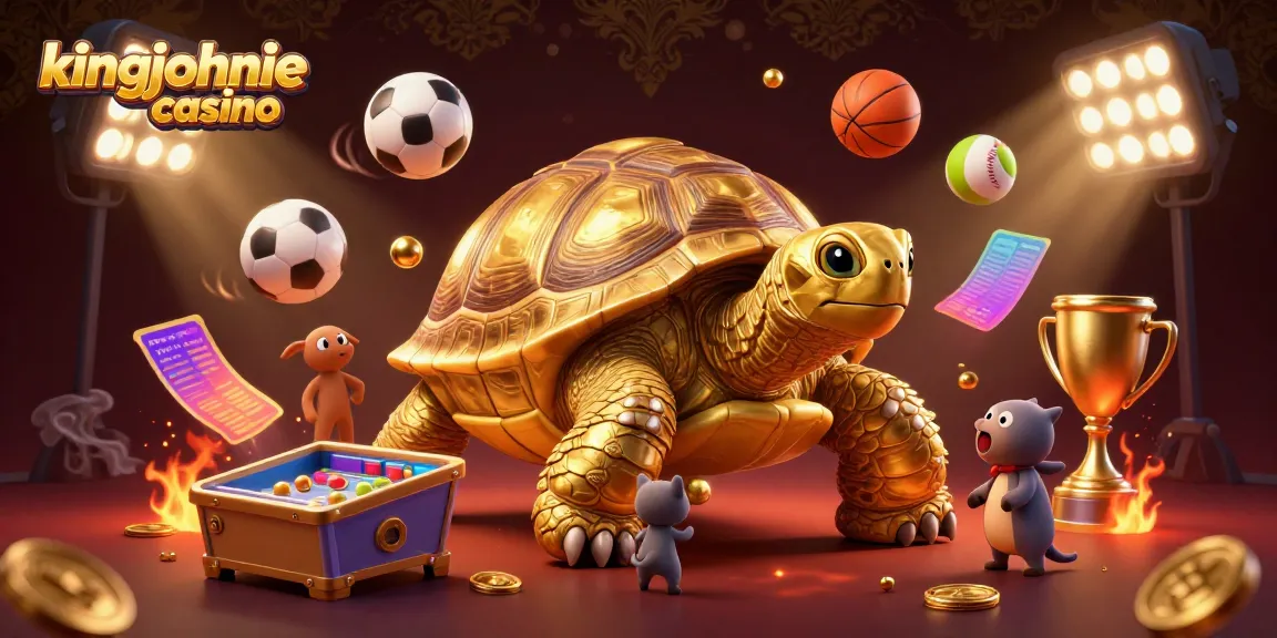 Play exciting games at kingjohnnie casino with a vibrant 3D scene featuring a golden tortoise and engaging sports elements.