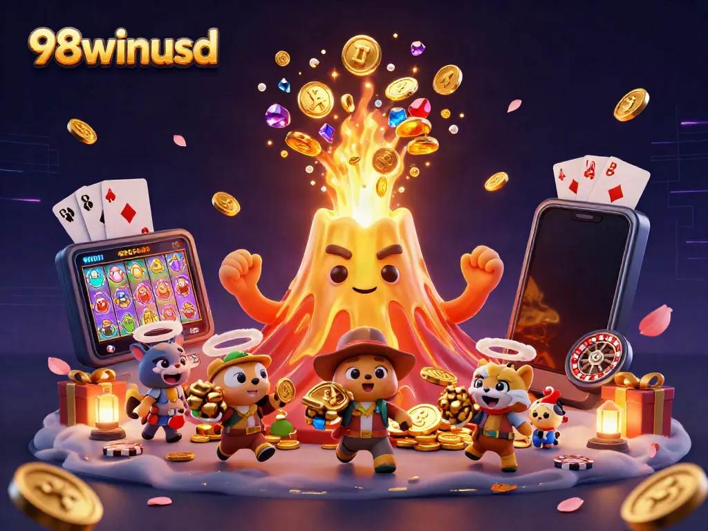 Experience the excitement of 98winusd as golden treasures erupt from a volcano, surrounded by dynamic casino elements.