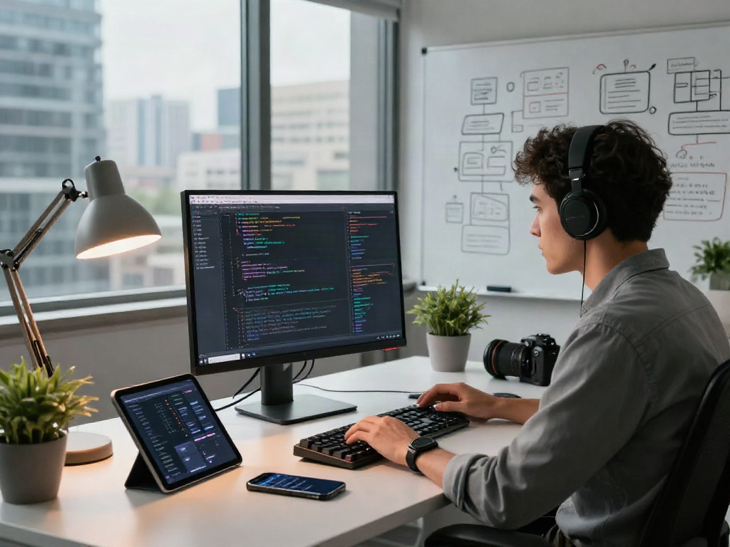 Gambar suasana kerja digital dengan developer yang fokus menggunakan 快连下载 di kantor modern, menampilkan gadget dan suasana produktif.