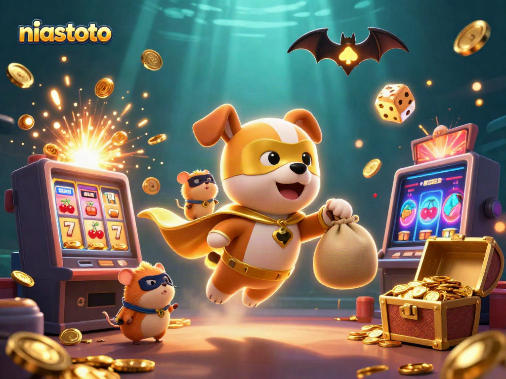 Experience the excitement of niastoto with a 3D superhero dog flying amidst casino thrills and jackpot celebrations.