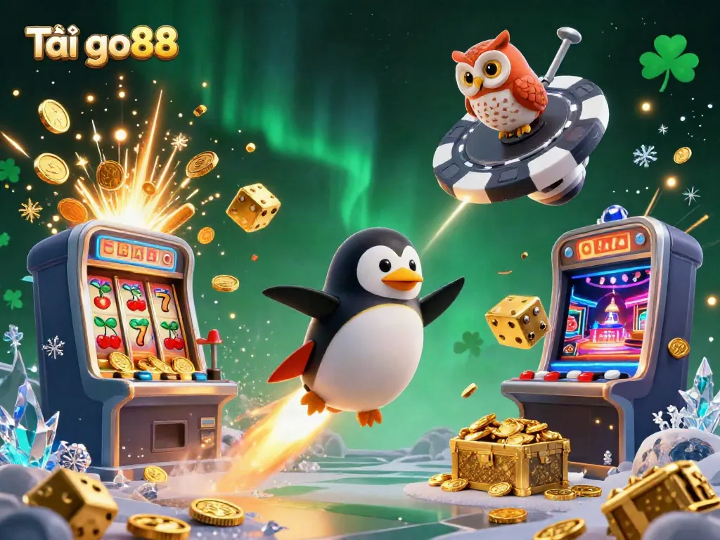 Embark on an exhilarating adventure with Tải go88 as a golden penguin flies to a casino space station amidst jackpot celebrations.