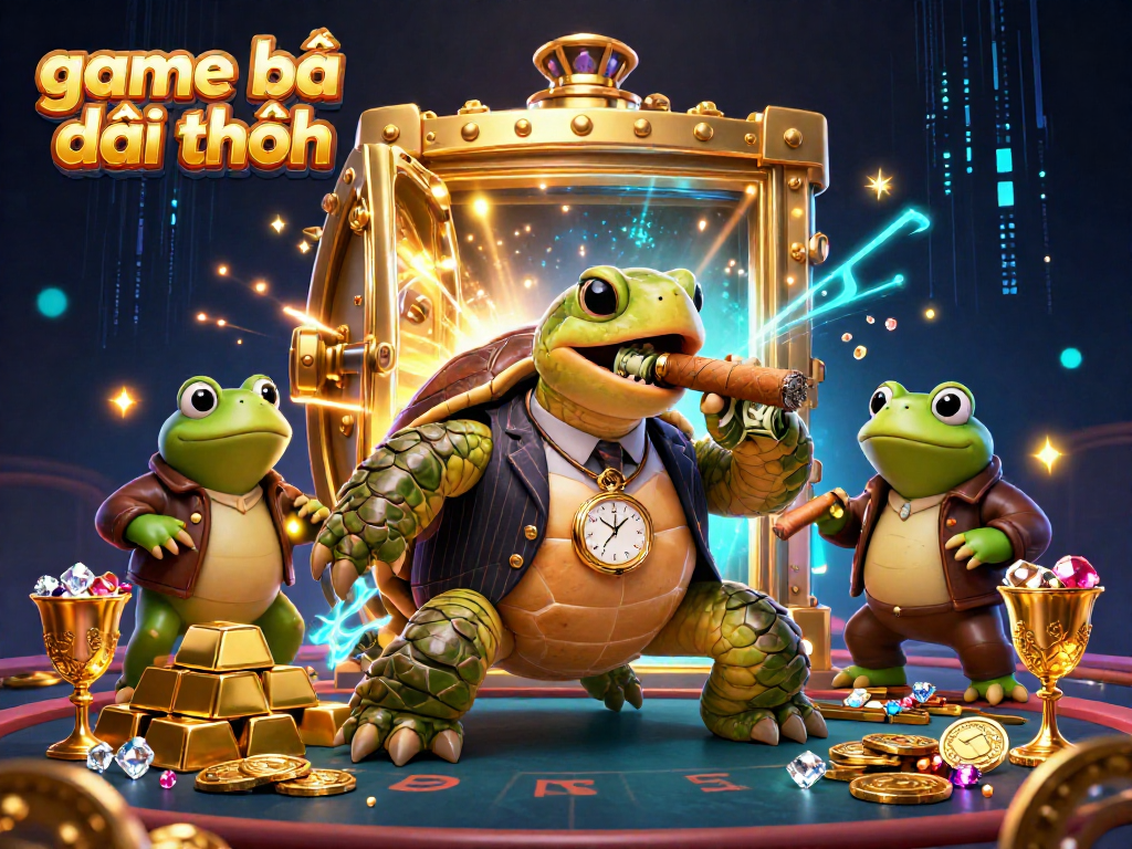 Experience game bài đổi thưởng with a vibrant 3D scene featuring a snapping turtle mobster surrounded by treasure.