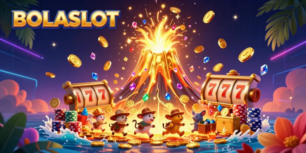 BOLASLOT showcases a vibrant eruption of golden treasures and a triumphant volcano in a thrilling casino scene.