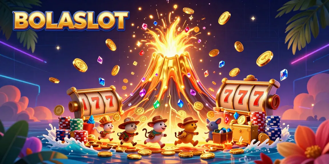 BOLASLOT showcases a vibrant eruption of golden treasures and a triumphant volcano in a thrilling casino scene.