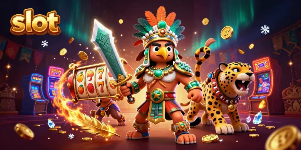 Mesin slot berputar dikelilingi pejuang Aztec, menggambarkan suasana kasino yang megah.