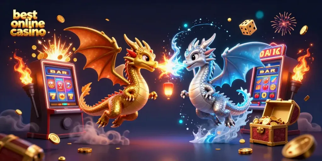 Experience thrilling gaming at the best online casino with vibrant dragons and jackpot elements.