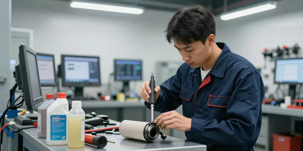 Technician performing dpf reinigen in automotive workshop with tools.
