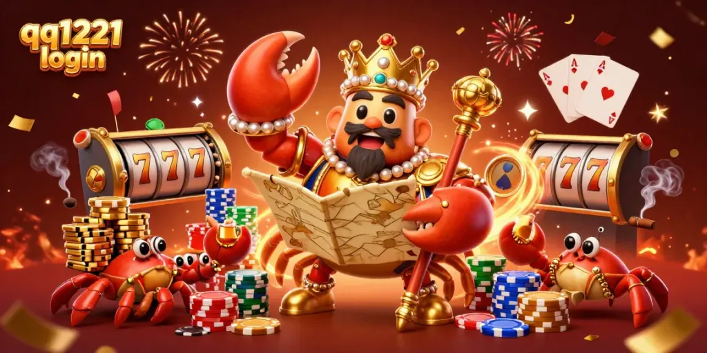 Experience thrilling gaming action with qq1221 login featuring a golden crab emperor surrounded by vibrant slot reels and poker elements.