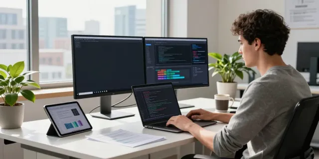Developer utilizing an OpenAI-compatible API in a modern workspace environment