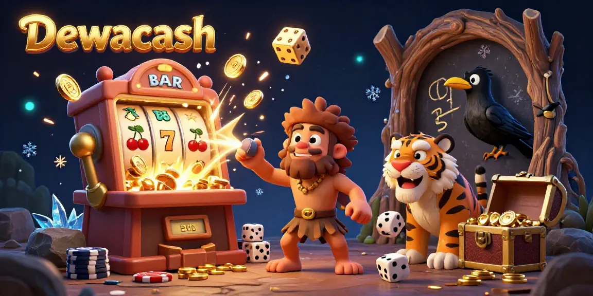 Dewacash presents an exciting prehistoric casino scene with characters and vibrant gaming elements.