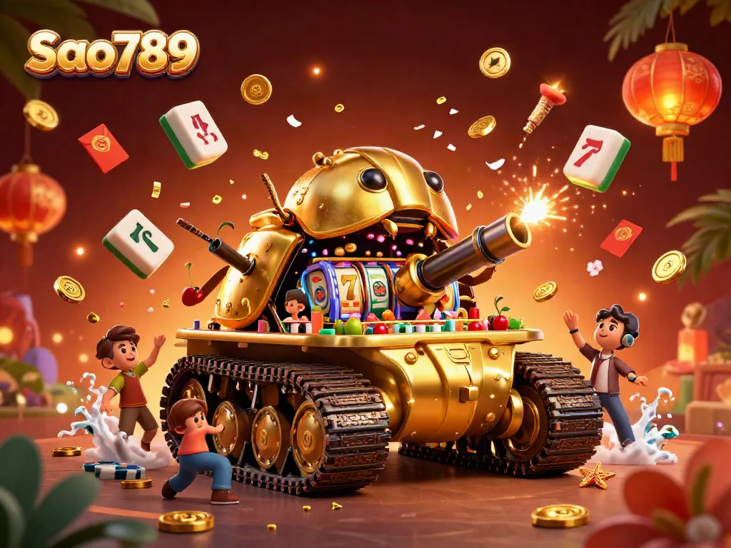 Experience dynamic gaming at Sao789 with a vibrant 3D casino illustration featuring a golden tank and slot reels.