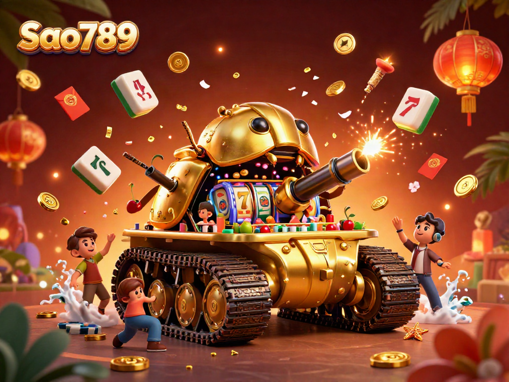 Experience dynamic gaming at Sao789 with a vibrant 3D casino illustration featuring a golden tank and slot reels.