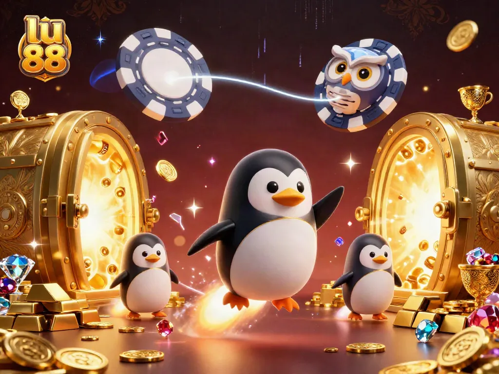 Experience the excitement of lu 88 casino with a golden penguin and vibrant treasures in space.