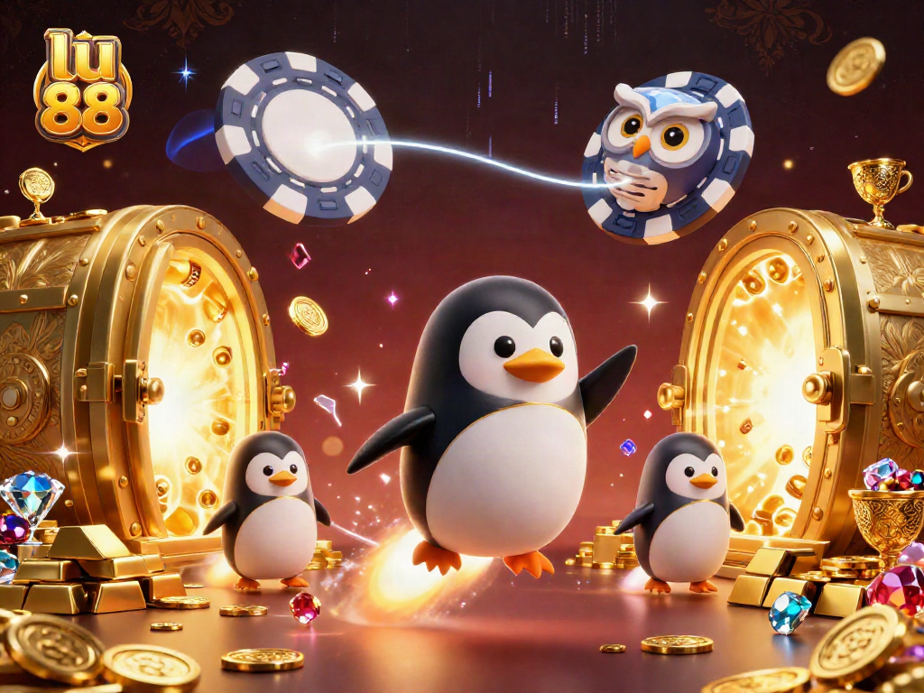 Experience the excitement of lu 88 casino with a golden penguin and vibrant treasures in space.