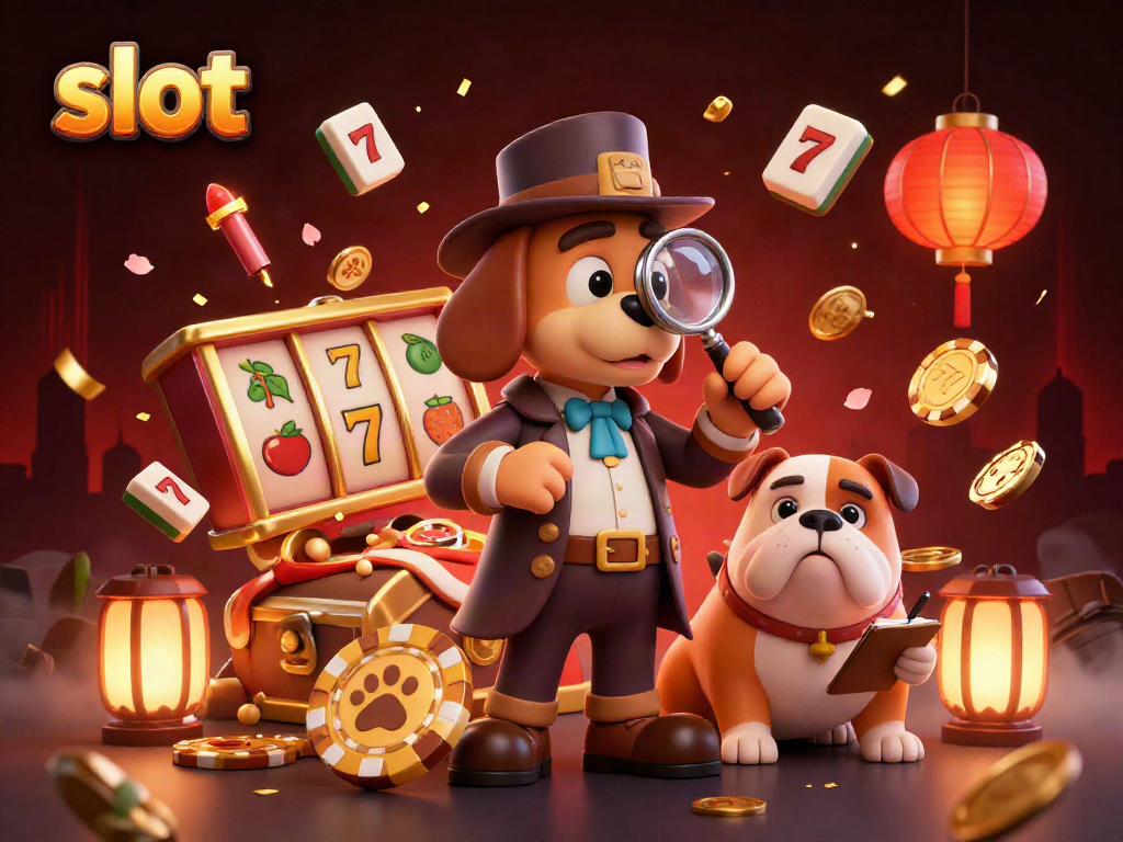 Discover thrilling slot gameplay with a cartoon detective and bulldog exploring clues in this vibrant casino scene.