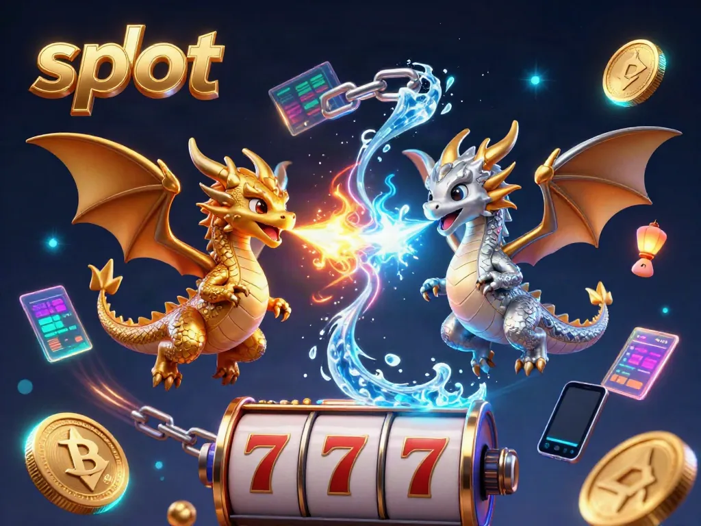 Experience exciting slot action with golden and silver dragons battling fire and ice in a vibrant casino scene.