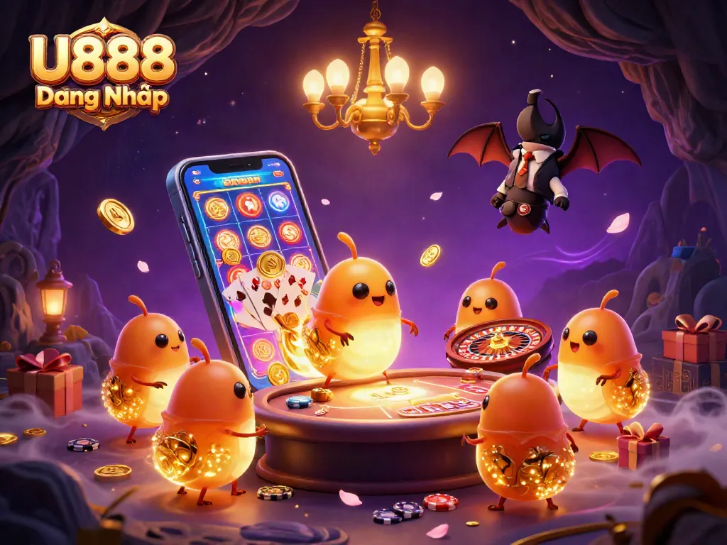 Experience the excitement of U888 Đăng Nhập with glowing casino elements and vibrant games.