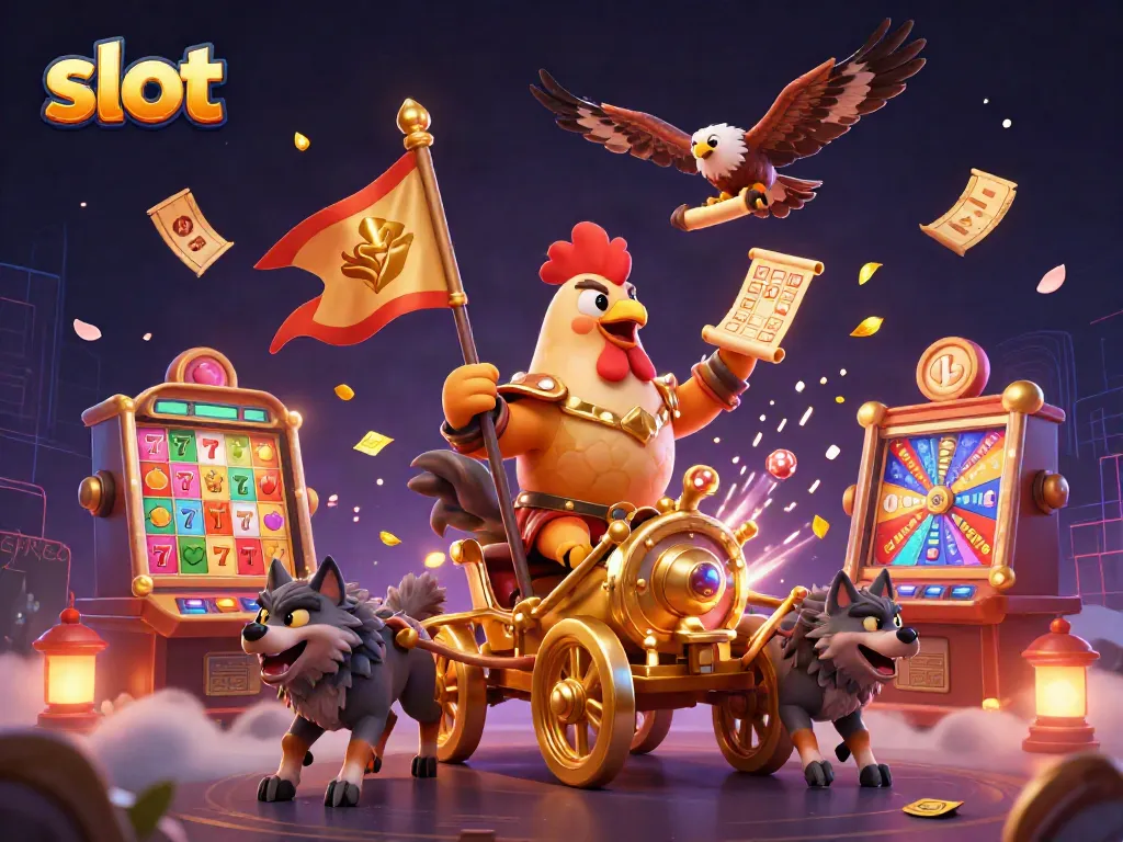 Putar slot dengan simbol keberuntungan dan karakter menarik dalam ilustrasi 3D