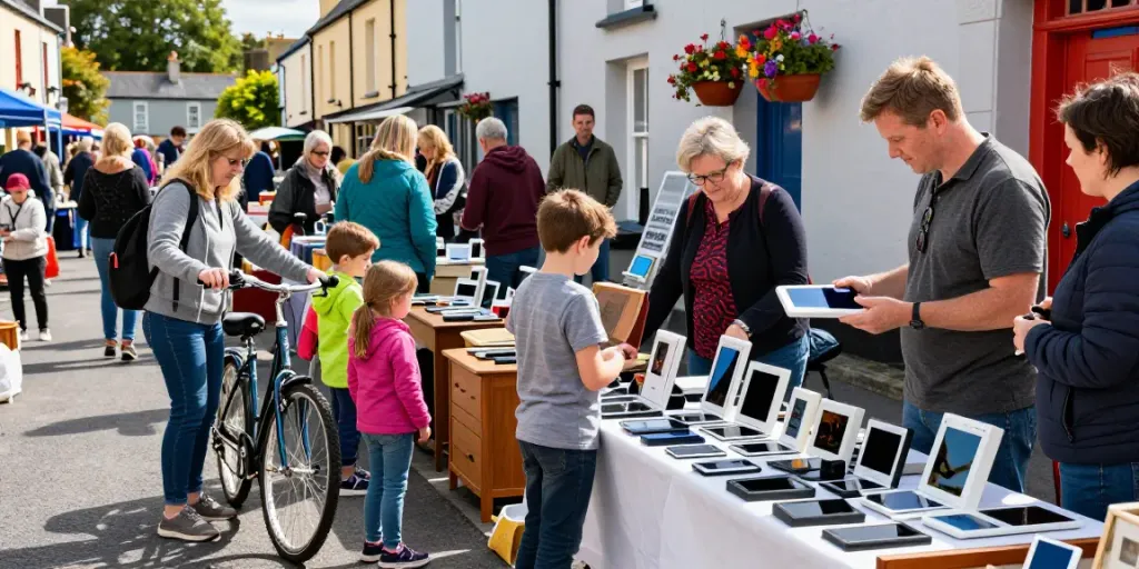 Sell things online Ireland marketplace scene with people engaging in buying and selling.