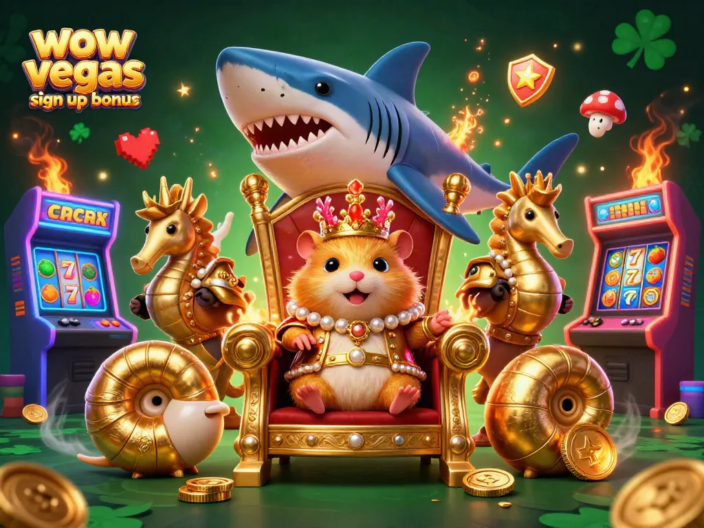Engage with the wow vegas sign up bonus featuring a hamster king in a vibrant casino scene with slot reels and gaming elements.