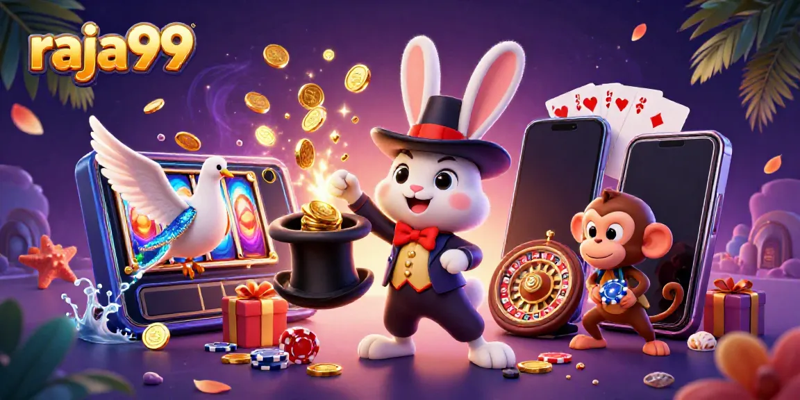 Experience the magic of raja99 with a cartoon rabbit pulling coins and vibrant casino elements.