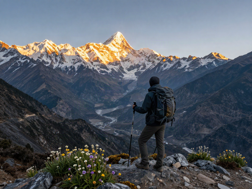 Manaslu Circuit Trek hiker at sunrise with stunning Himalayan views.