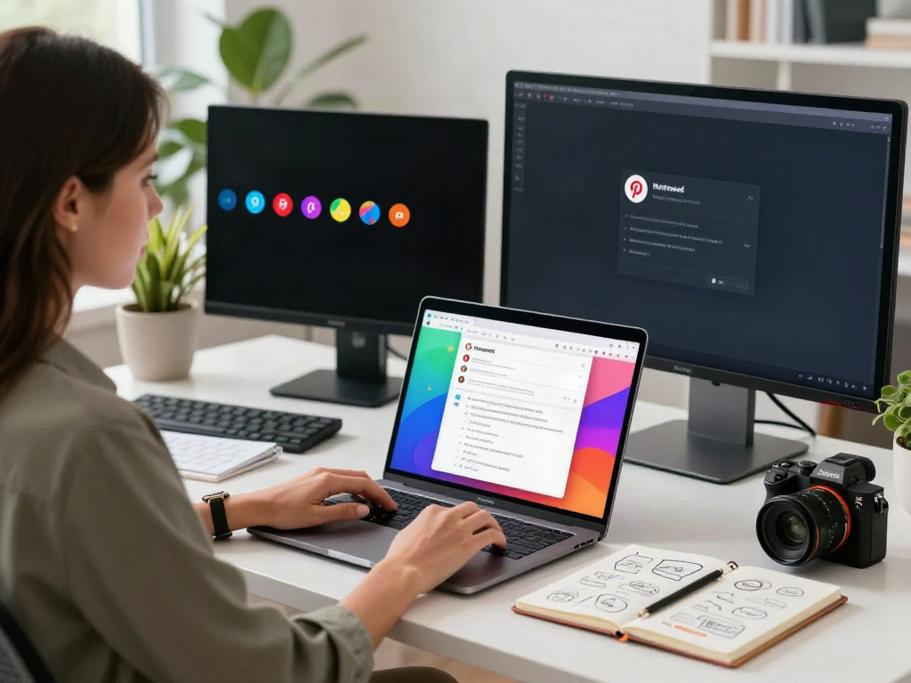 Generate Pinterest descriptions with AI in a creative workspace.
