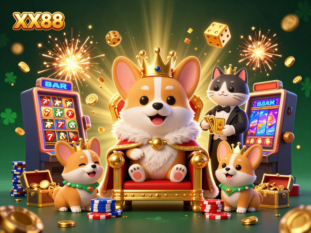 Experience the thrill of XX88 with a royal corgi on a throne surrounded by vibrant casino elements.