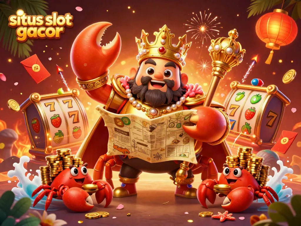 Experience the excitement of situs slot gacor with this vibrant 3D casino illustration featuring a golden crab emperor and dynamic slot reels.