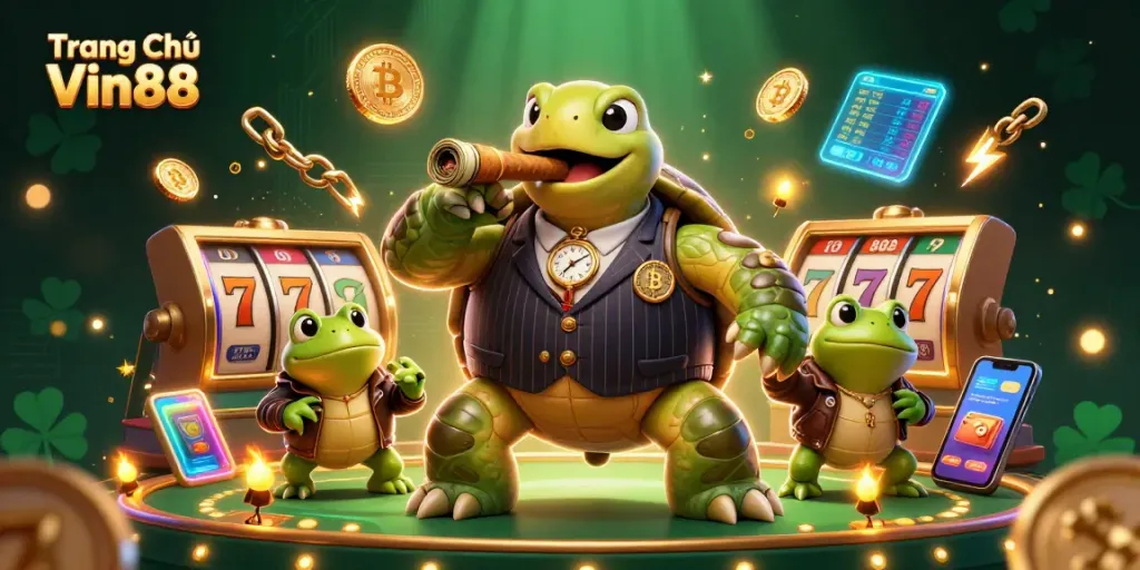 Experience thrilling slots at Trang Chủ Vin88 with vibrant scenes, rich character interactions, and casino lights.