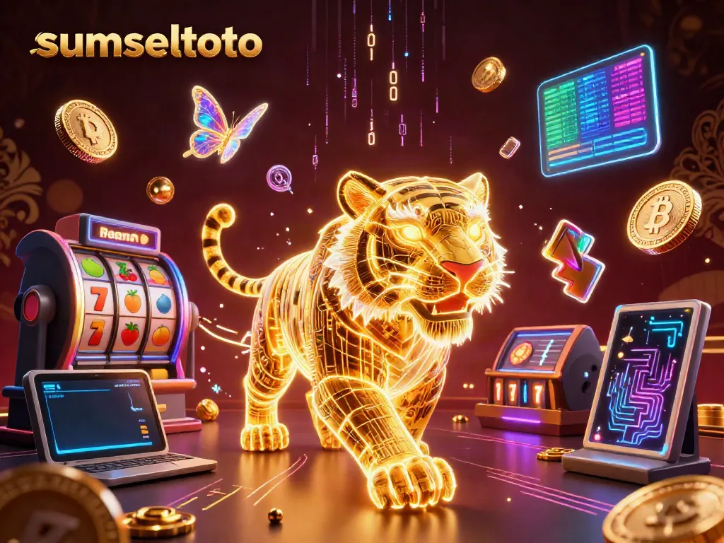 Sumseltoto's digital casino scene featuring a neon-wireframe tiger among slot reels and cryptocurrencies.