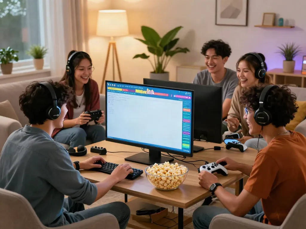 Group of friends enjoying Slot MAHJONGJP88 in a cozy living room setting