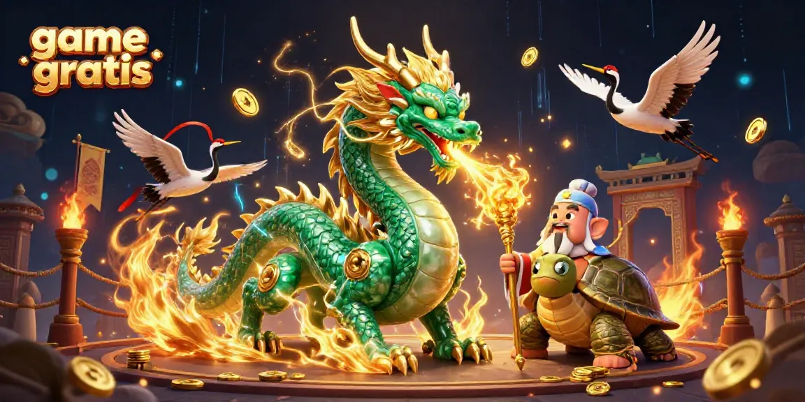 Engage in game gratis with a vibrant 3D dragon, turtle sage, and lucky cranes in action.