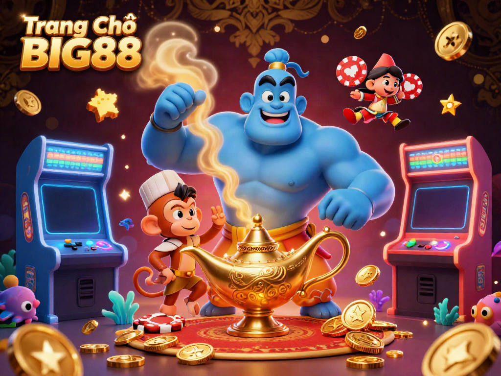 Experience the magic at Trang Chủ BIG88 with a genie, vibrant game elements, and poker chips, fostering unforgettable gaming moments.