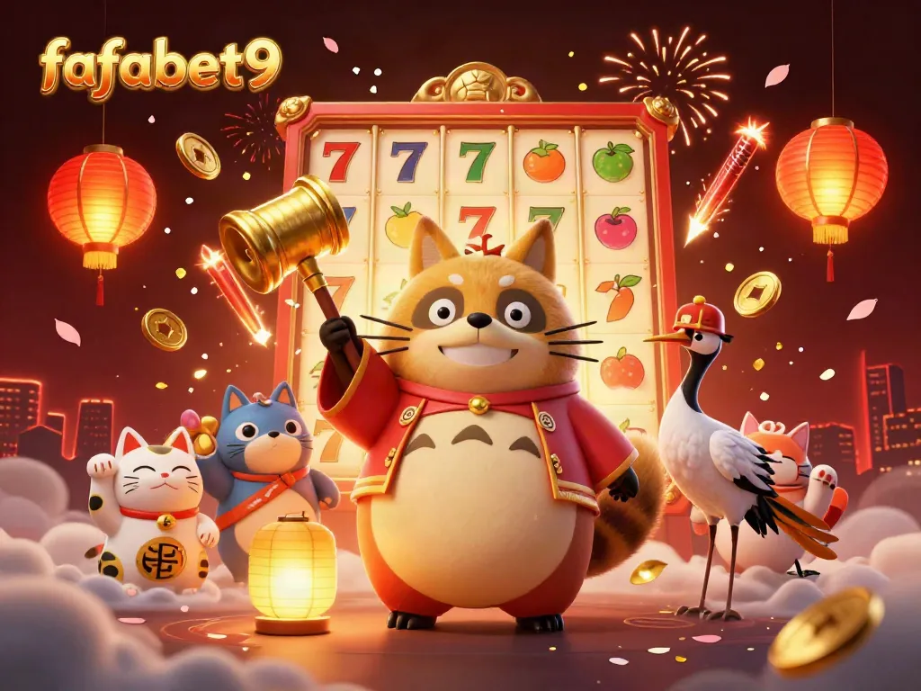 Engage with the vibrant world of fafabet9 featuring a smiling tanuki, lucky symbols, and festive elements.
