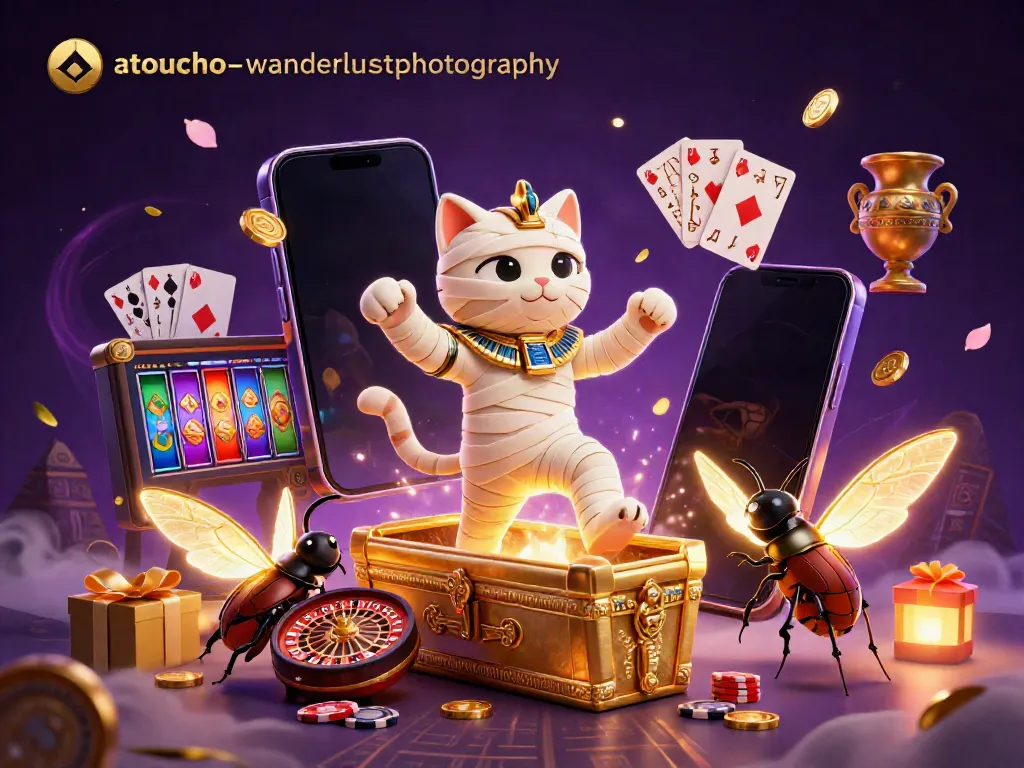 atouchofwanderlustphotography features an Egyptian mummy cat with glowing casino elements and dynamic gold coins