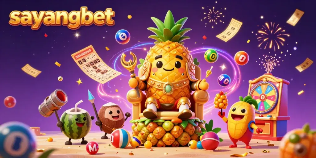 Experience the vibrant excitement of sayangbet with the golden pineapple king at a dynamic beach casino scene.