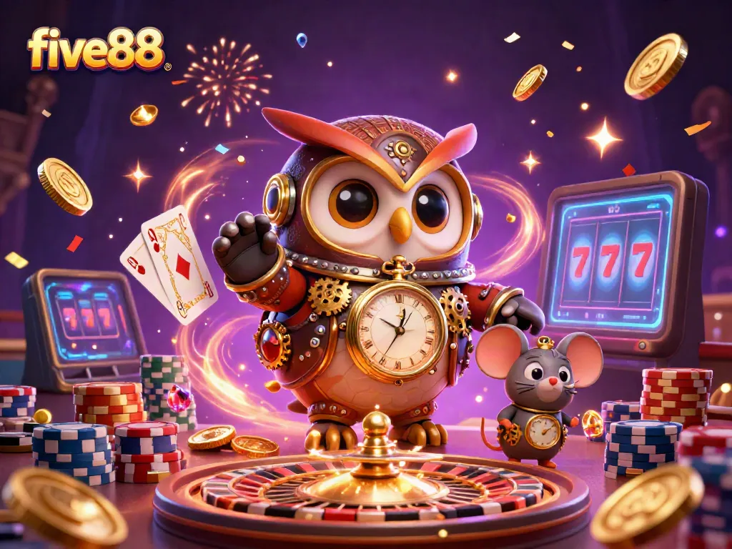 Experience the thrilling world of five88 with a steampunk owl and vibrant casino elements.