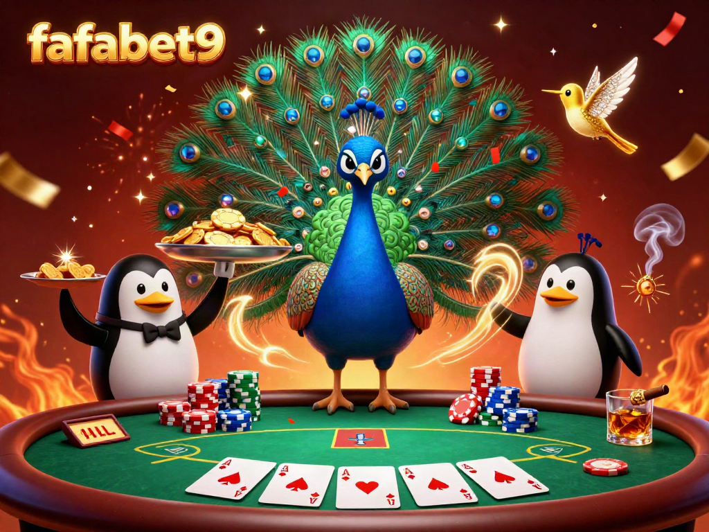 Engage at fafabet9 with dazzling poker action featuring a peacock, penguin, and hummingbird.