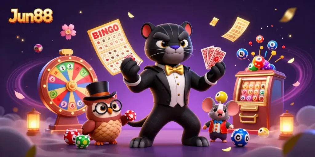 Join Jun88 with a stylish black panther dealer, owl, and lucky mouse in vibrant casino scene.