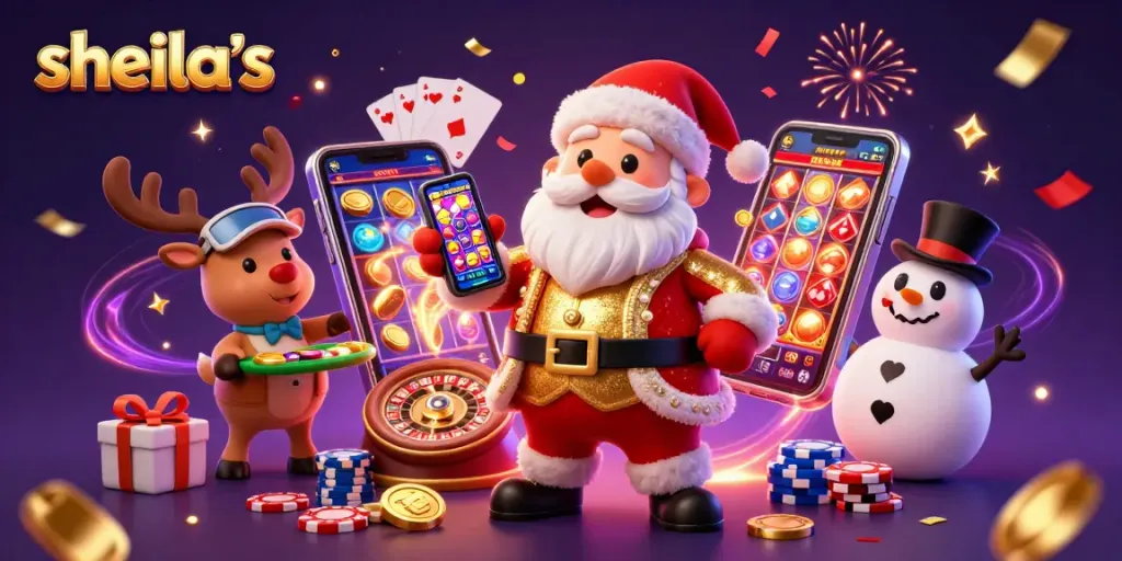 Engage with sheila's vibrant casino scene featuring Santa playing jackpot slots with festive friends.
